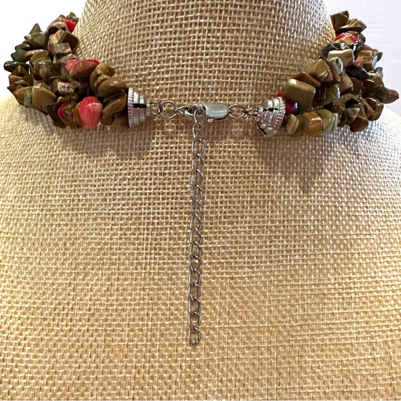 Multi-color Genuine Gemstone Necklace- multistrand chipped brown, green, red - Picture 8 of 8
